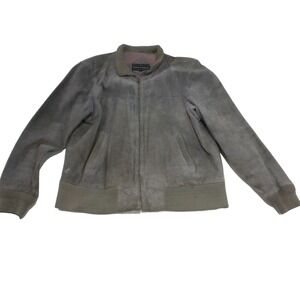 Peter England Jacket Mens XL‎ Gray Suede Leather Bomber Full Zip Lined VTG 90's